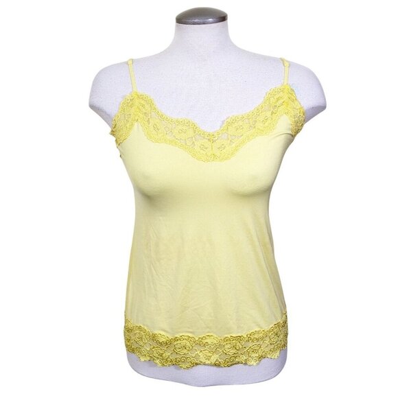 Vintage Y2K Lace Trim Cami Tank Top Womens Med Butter Yellow Top Shirt Blouse - Picture 1 of 4